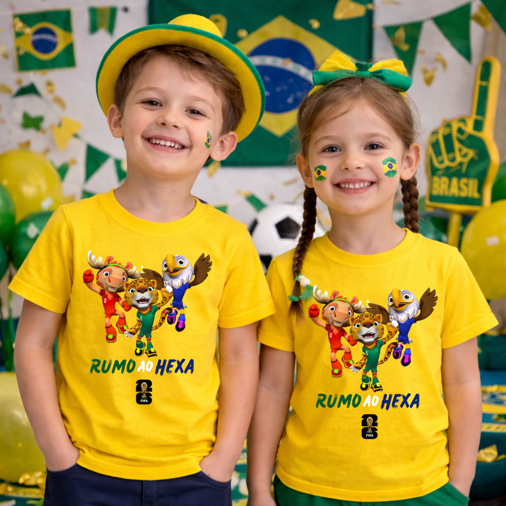 Camiseta Infantil Mascote Copa do Mundo 2026 Brasil Torcida Futebol Camisa Menino Menina Algodão