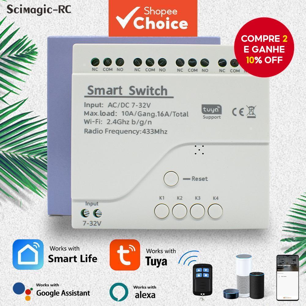 Para o Interruptor Inteligente Wi-Fi Tuya 4 Canais AC DC 7-32V 10A Módulo Controlador de Relé Inteligente com Automação
