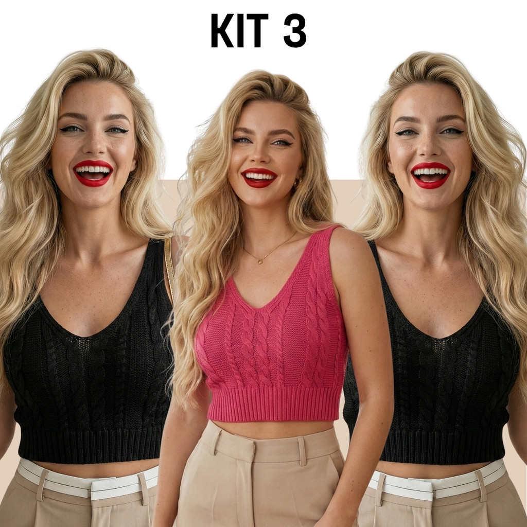 Kit 3 Regata Cropped Tricô Trancinhas V Verão Luxo Elegante Casual Tendência Blogueira Feminina