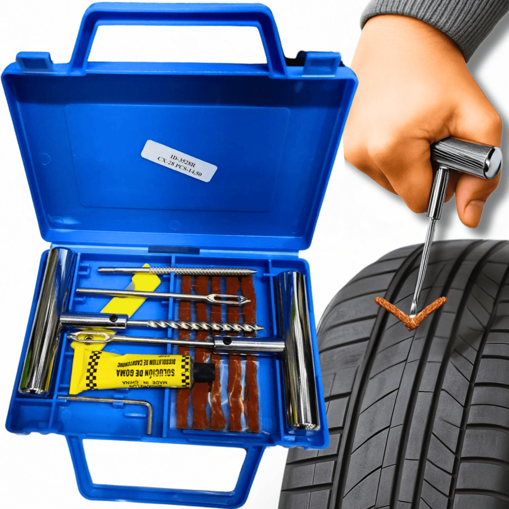 Kit Reparo Conserto Furo Pneu Sem Camara Carro Moto 15 Macarrão Refil Remendo Pneus Furado + Maleta