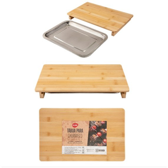 TABUA CORTE COM BANDEJA  BAMBU DE AÇO INOX 36 Cm X 22 Cm X 3,5 Cm