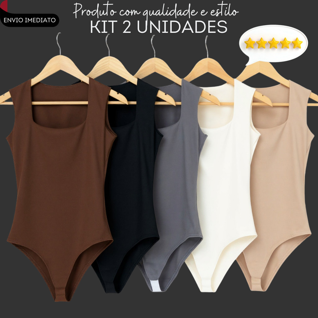 Kit 2 Body Collant Feminino Decote Quadrado Regata Blusa  Com Forro Estilo Blogueira