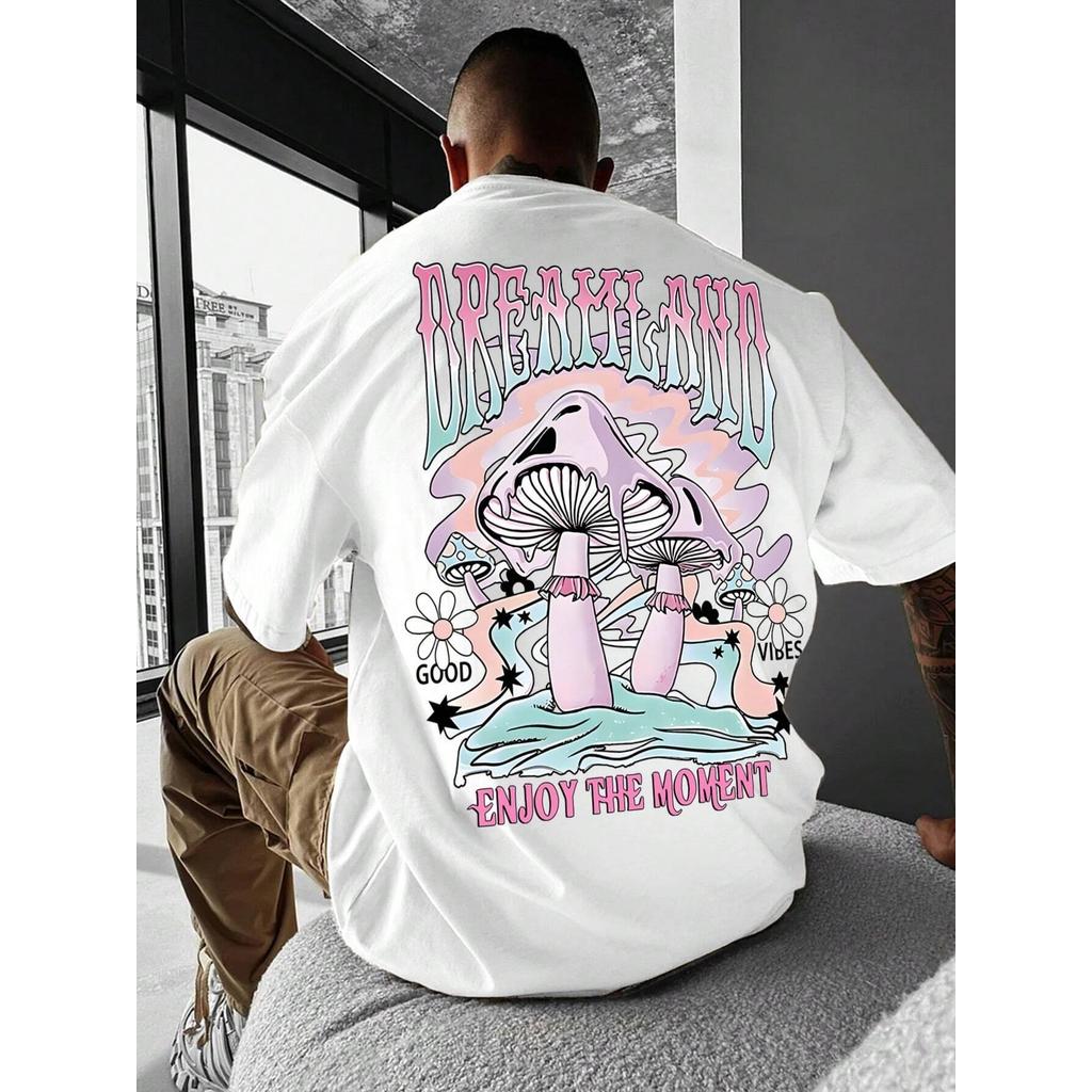 Camiseta Masculina Streetwear Algodão Penteado Infantil Adulto Plus Size Estampa Dreamland Alucinação Cogumelo Colorido