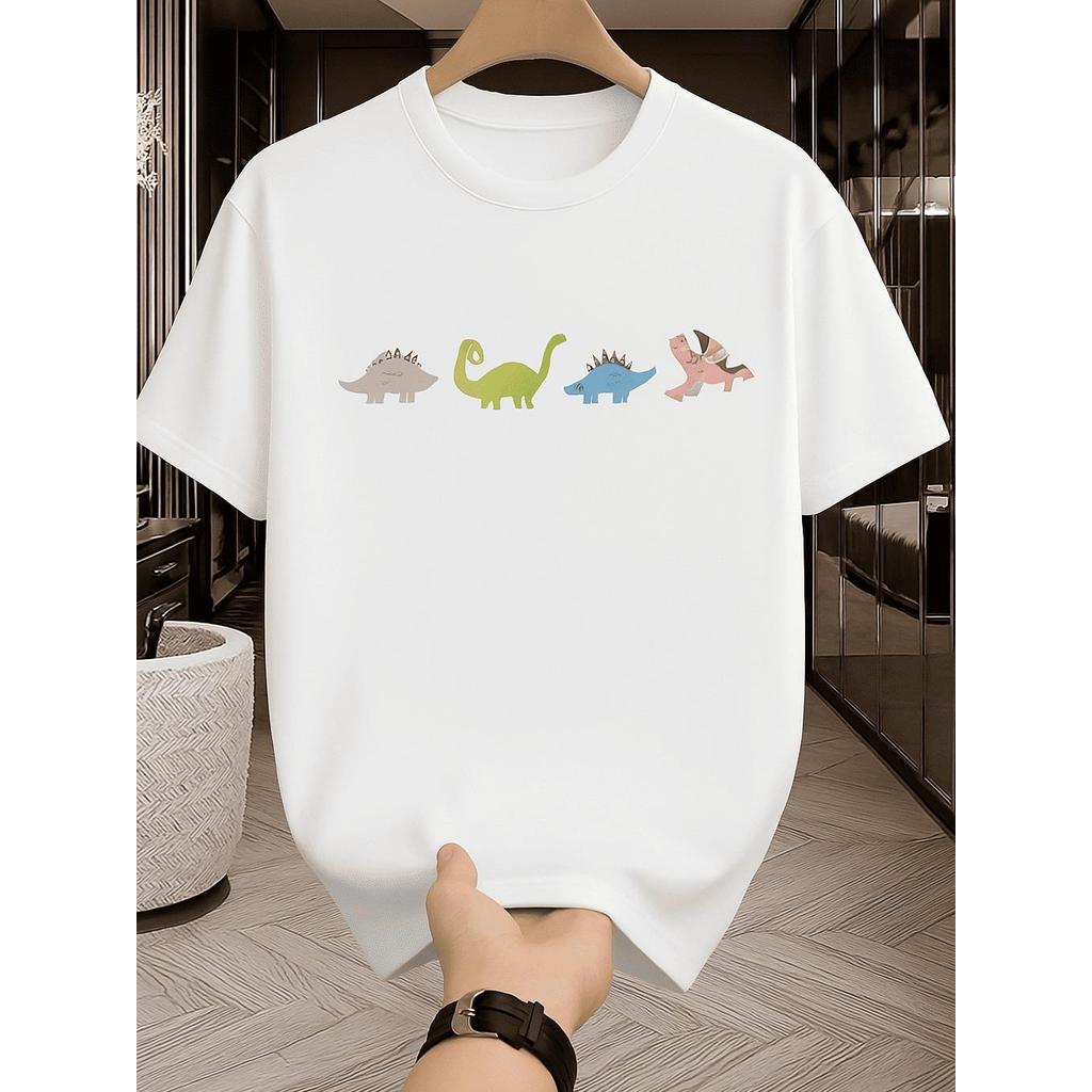 Camiseta Masculina Streetwear Algodão Penteado Infantil Adulto Plus Size Estampa Dinossauros Fofo Linha Reta Varios