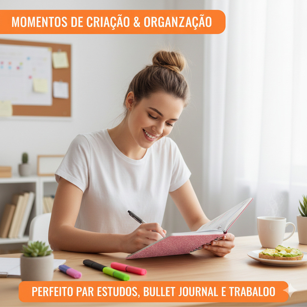 Caderno Inteligente Discos Grande A5 Capa Dura com Gliter com 80 Folhas Escolar Escritorio Faculdade