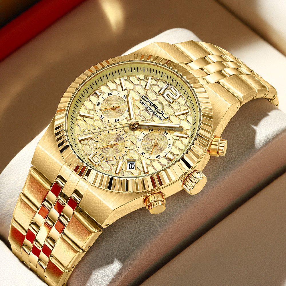 Novo Relógio Masculino Gold CRRJU Marca Genuína Top Fashion Luxo Cronógrafo De Aço Inoxidável Com Mãos Luminosas Display