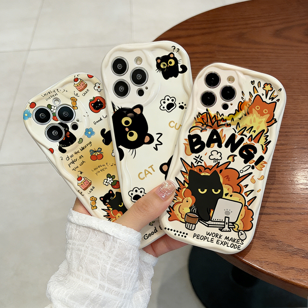 Capa Para Samsung Galaxy S25FE S26 S25 S24 S23 S22 Ultra S21 Plus S20 S21 FE De Silicone Preto Gato Onda Lado Bonito