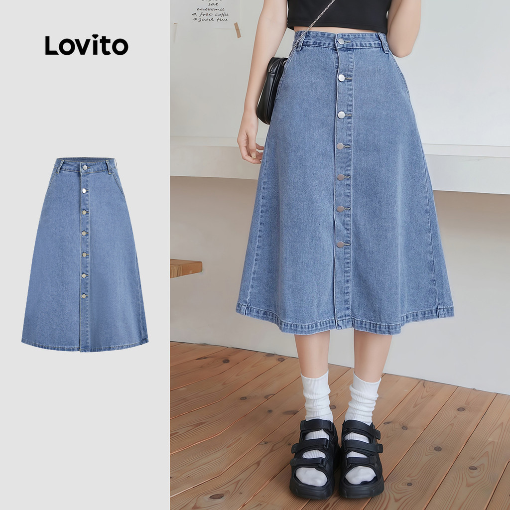 Lovito  Saias de Ganga Casuais Lavadas Botão Frontal Bolso Primavera/verão Saias de Ganga Azuis para Mulheres L177ED198 em Oferta na Shopee
