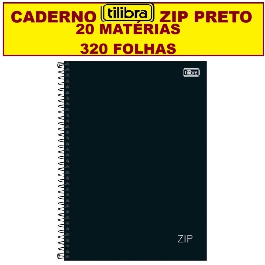 Imagem Caderno Tilibra 20 Matérias 320 Folhas Escolar Zip Preto Universidade Capa Dura