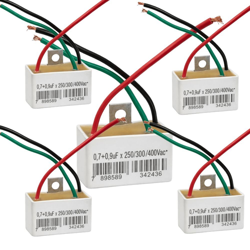 KIT 5 CAPACITOR 3 FIOS 0,7 0,9UF 250/400V PARA VENTILADOR E MOTOR ELÉTRICO