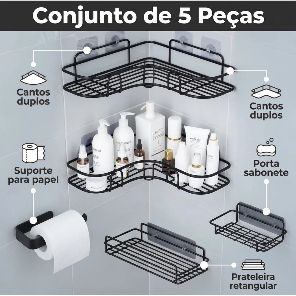 Kit De 2/3/4/5 Suportes Porta Shampoo Organizador De Metal Para Banheiro Cozinha Prateleira Com Adesivos