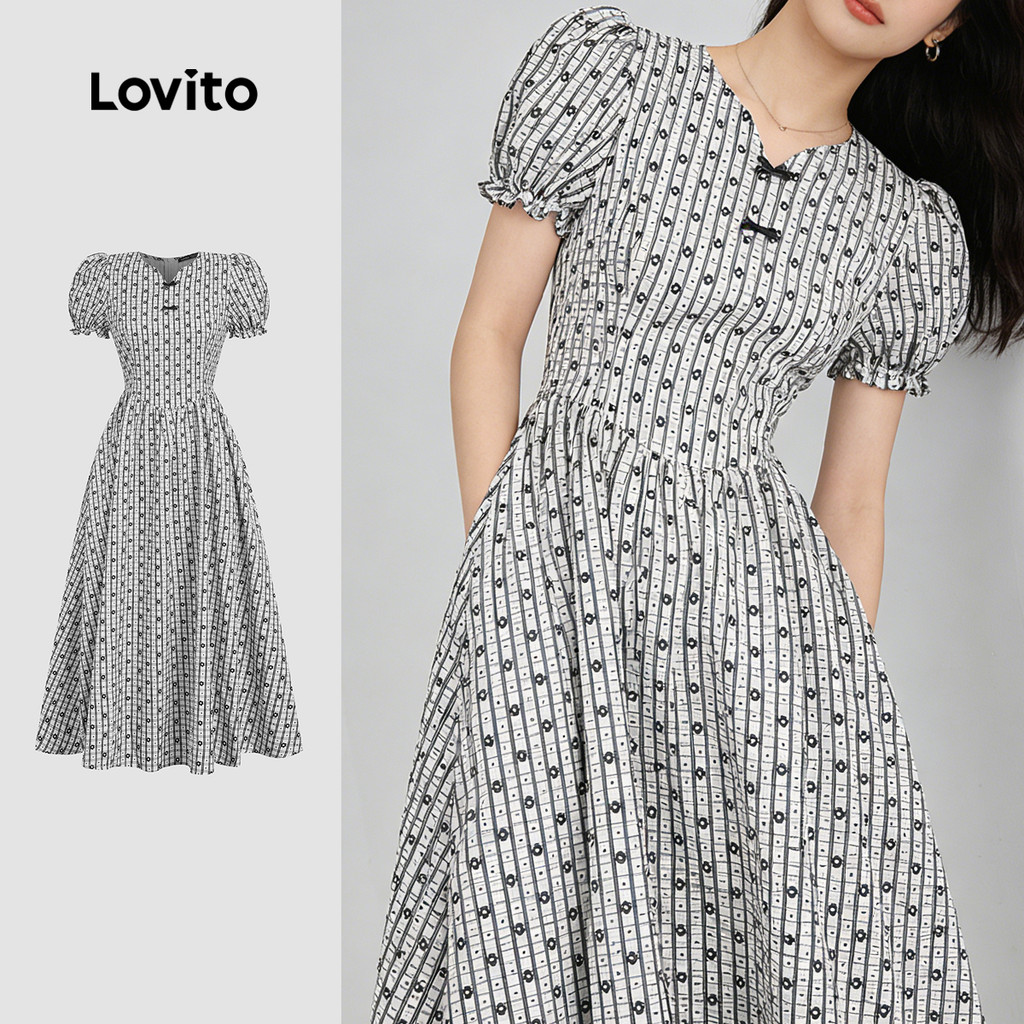 Lovito Elegante Vestido com Fivela e Babados Na Bainha para Primavera/verão para Mulheres LK2ED794