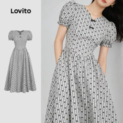 Lovito Elegante Vestido Com Fivela E Babados Na Bainha Para Primavera/Verão Listrado Para Mulheres LK2ED794