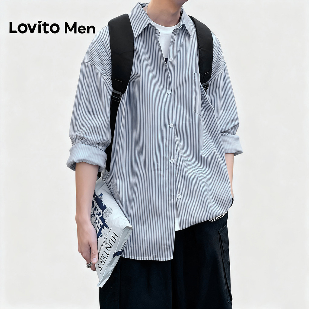 Lovito Camisa Casual com Botão Todas As Estações Camisa Azul para Homens LNE127033 em Oferta na Shopee