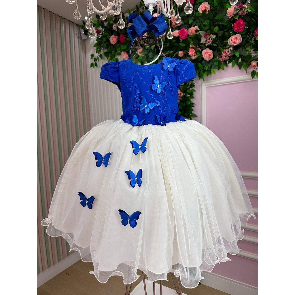 Vestido Juvenil - Midi Vila Lele Sabrina Azul Royal e Off