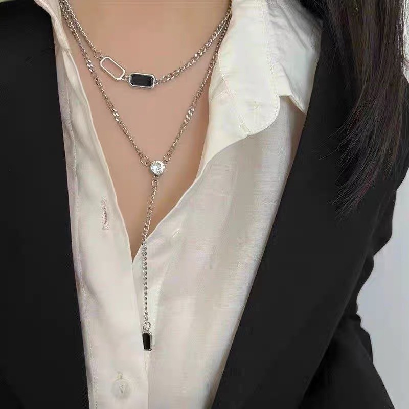 Colar De Camada Dupla Em Forma De Y De Zircônio Preto Quadrado Vnox Para Mulheres E Meninas , Acessórios Exclusivos De M