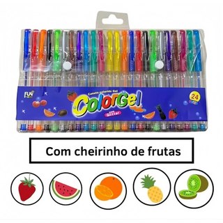 Caneta Gel Canetinhas Coloridas Perfumadas Glitter Kit com 12/24 Cores Color Gel Cheiro de Frutas Coloridas