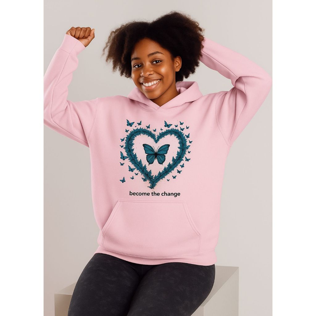 Moletom Blusa de Frio Feminina Com Capuz Become The Change Canguru Coração Borboletas