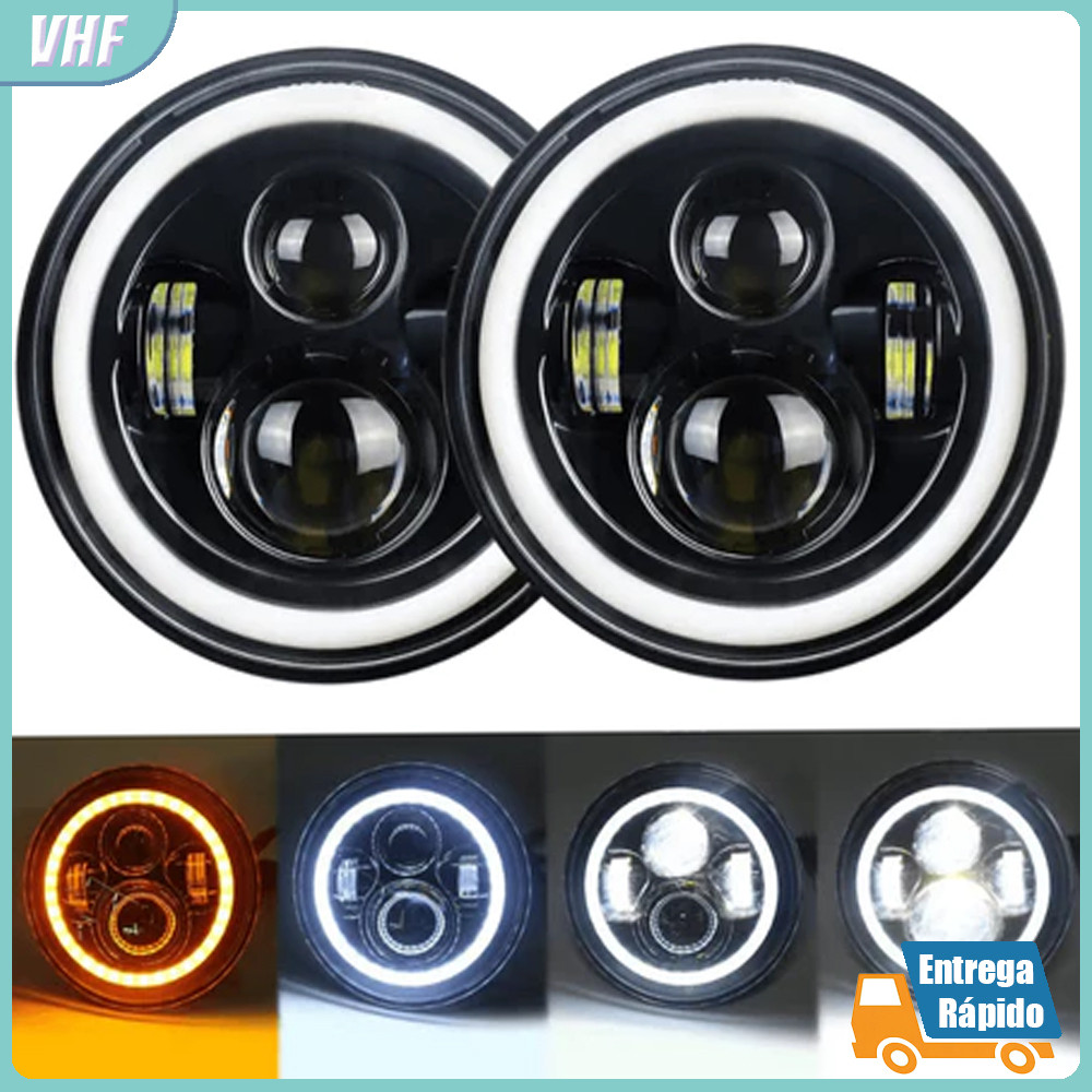 Kit 2 Faróis LED Angel Eyes 7 Polegadas 30W 12-24V Drl Alto Baixo para Jeep Troller Fusca Kombi