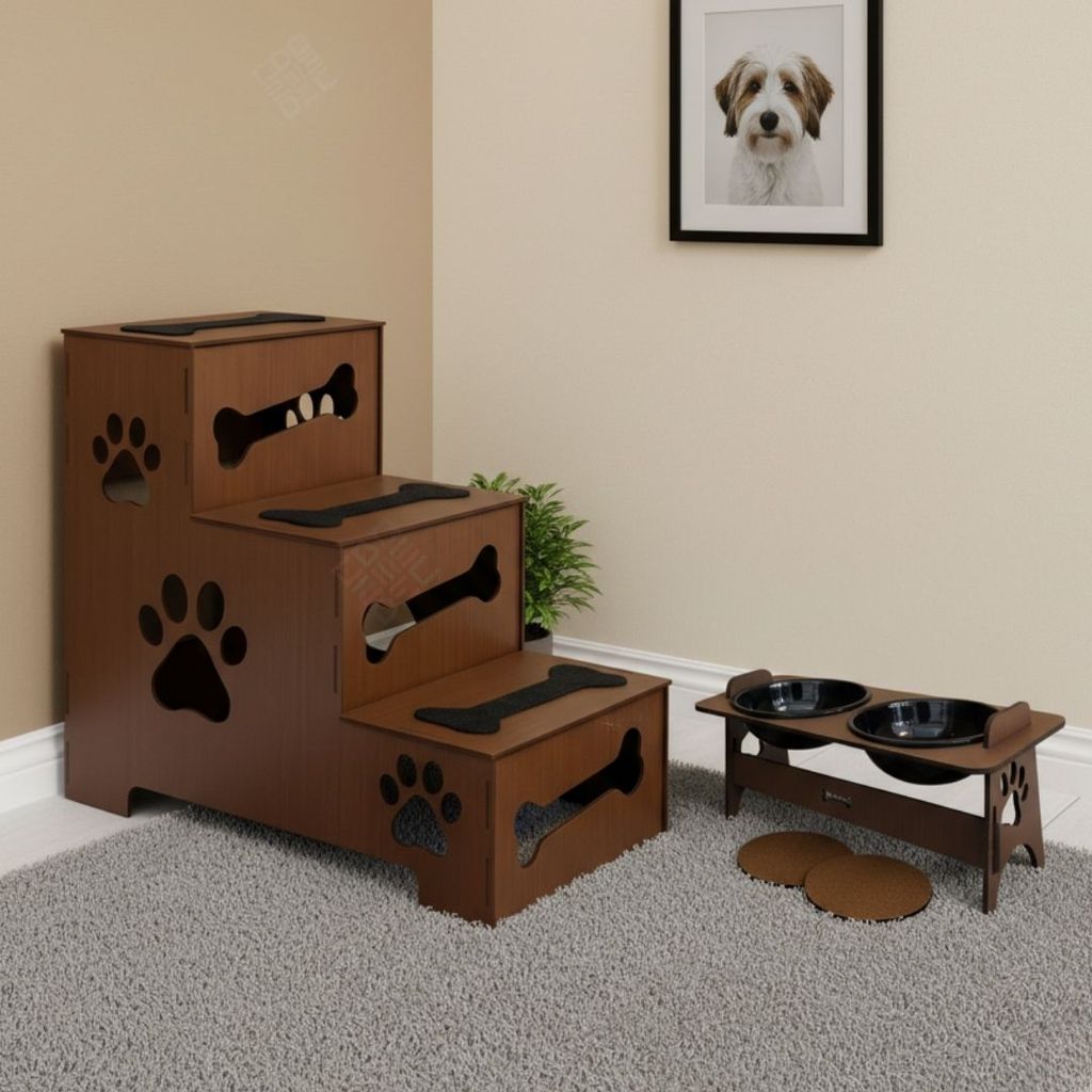 Escada Em MDF Pet 3 Degraus Antiderrapante + Comedouro Duplo Ideal Para Mobilidade De Gatos E Cães