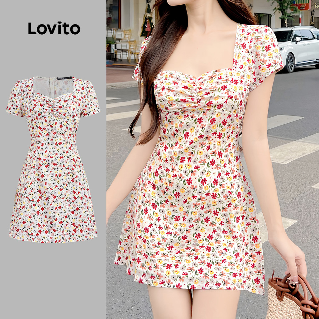 Lovito Vestido Casual Feminino Estampa Floral Plissado Verão/primavera L129AD1053 em Oferta na Shopee