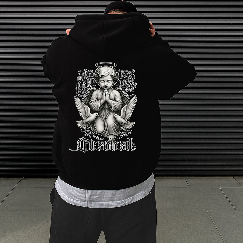Moletom Canguru Streetwear Anjo BLESSED Unissex Masculino e Feminino Flanelado Blusa de Frio Estampado