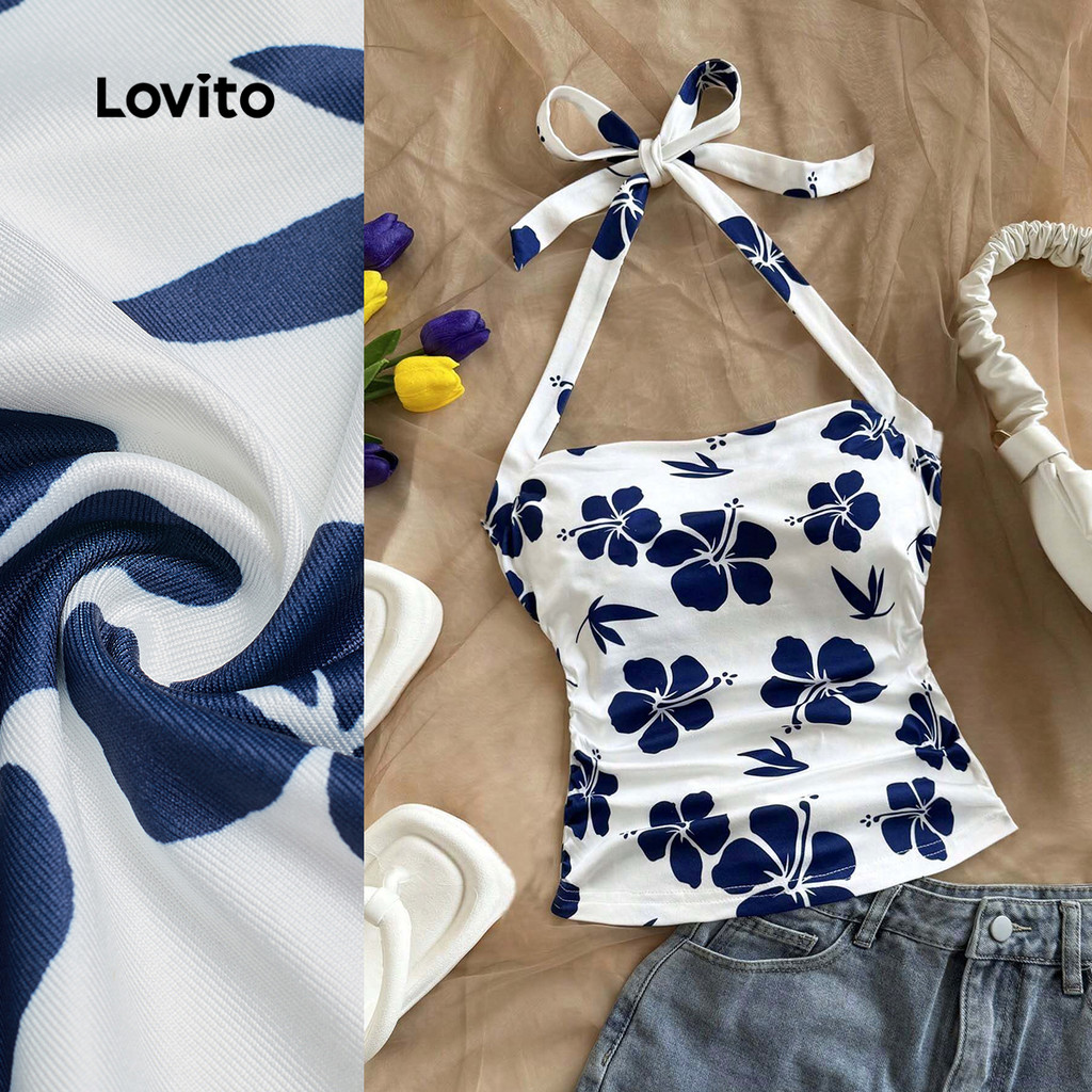 Lovito  Casual Top Lace Up Pattern Pleated Primavera/verão para Mulheres. L172LD1798 em Oferta na Shopee