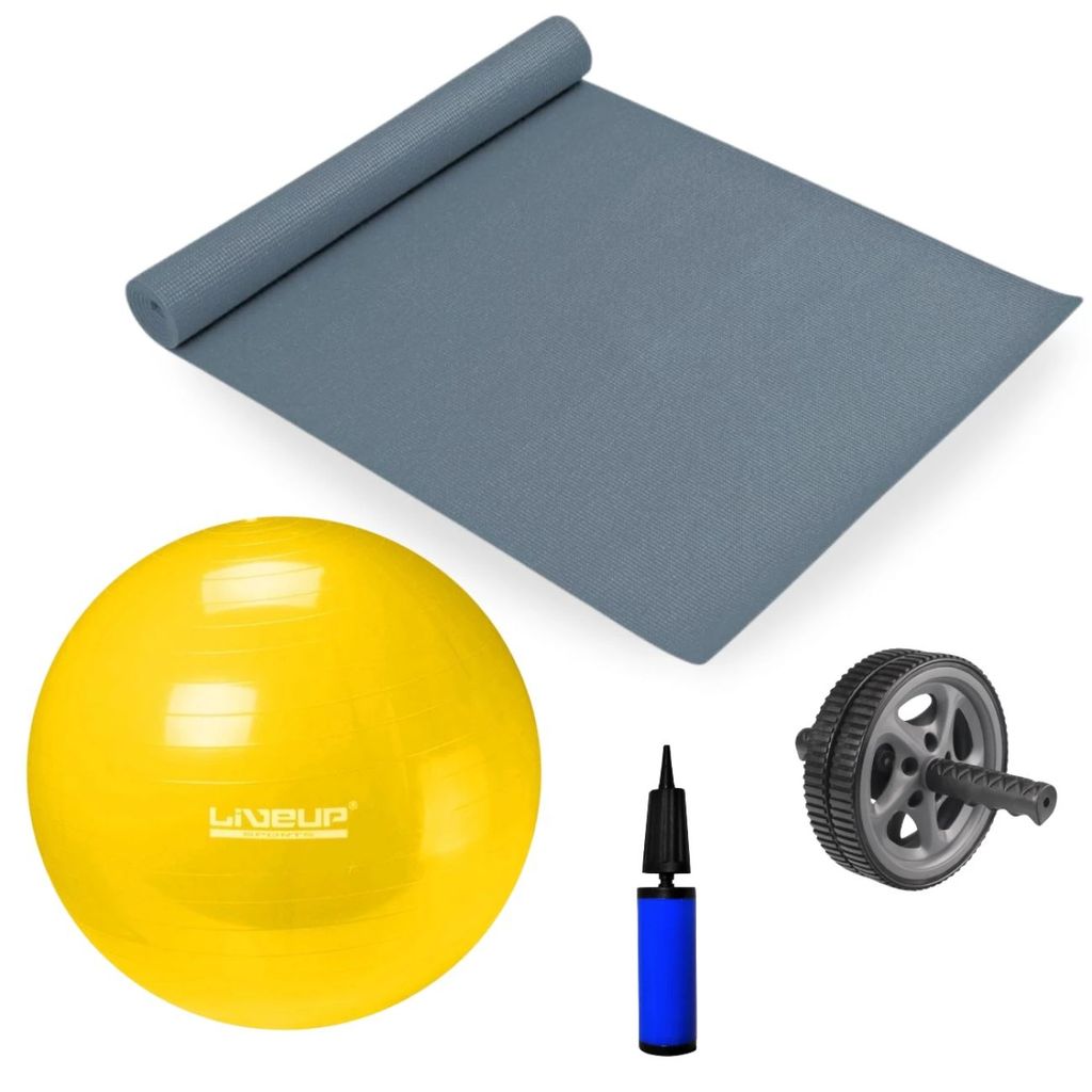 Bola Suíça 75cm + Roda Abdominal + Colchonete + Mini Bomba Kit Exercícios em Casa