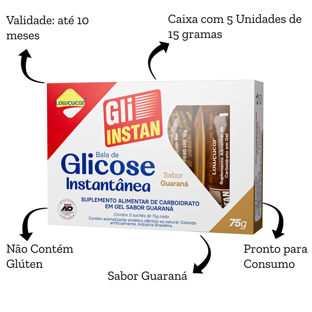 Kit com 4 Unidades de Bala de Glicose Gli-Instan Lowçucar Sabores Variados, Pronto Sem glúten, 5X15g — imagem 2 de 2