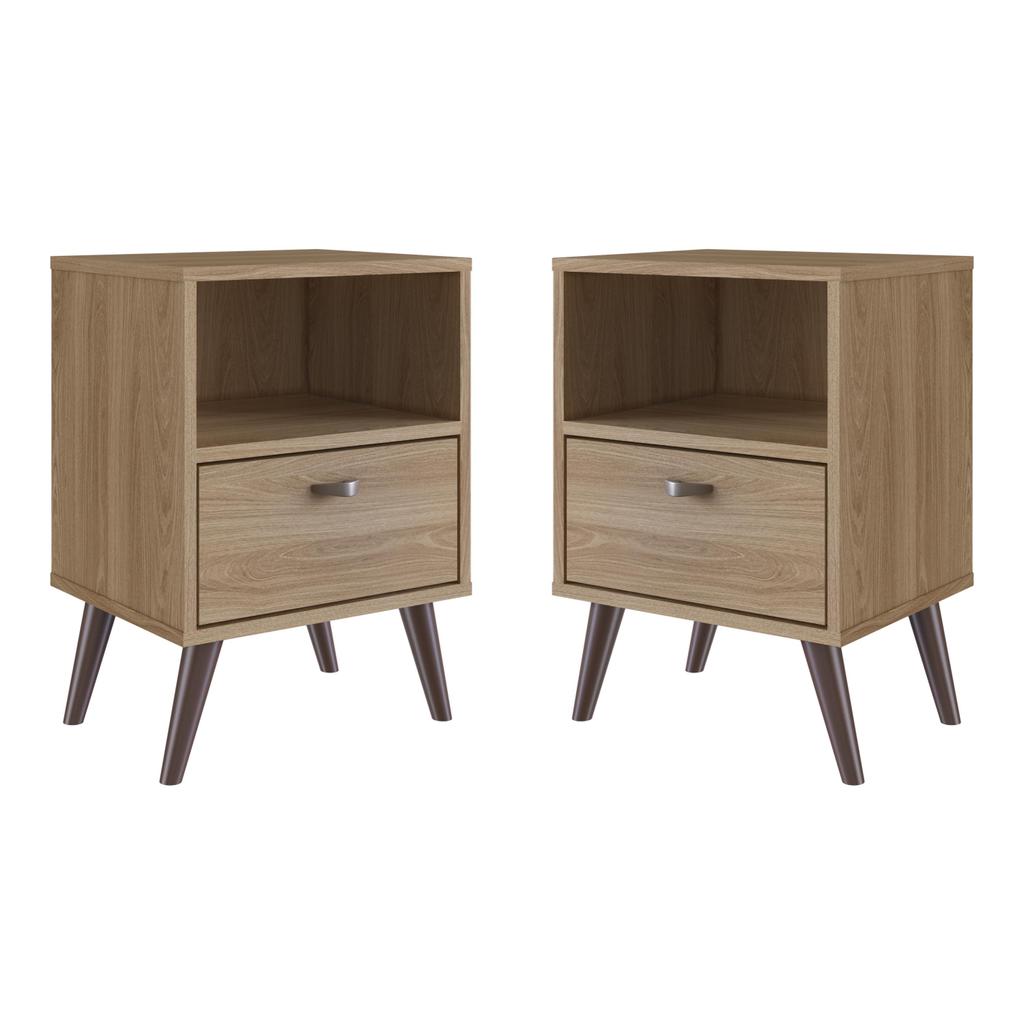 Kit 02 Mesa de Cabeceira Nicho 39cm com Gaveta e Pés Palito Retrô Oak