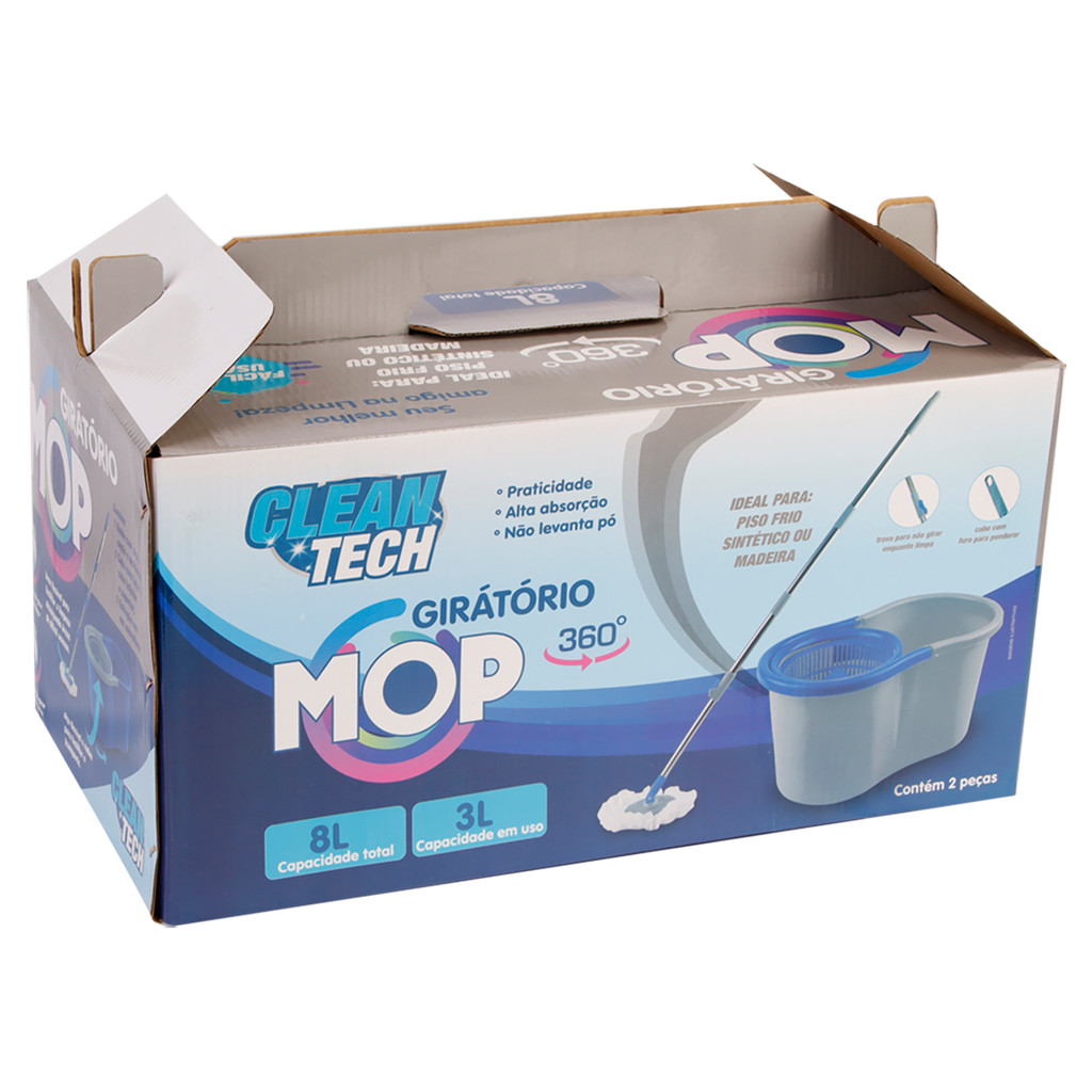 Esfregão Mop Giratório 360° Rodo Mágico Balde Duplo 8L Com Centrifuga Refil Microfibra e Cabo Inox