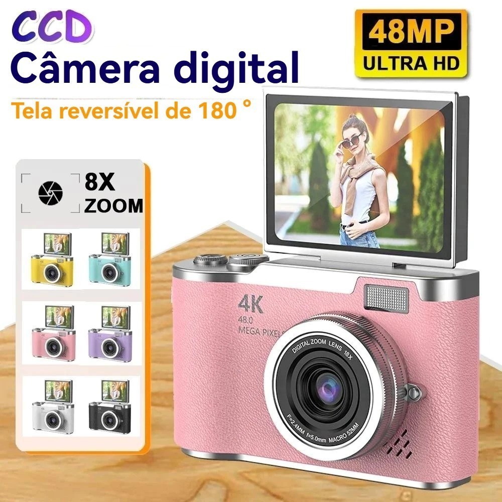 Câmera digital com zoom 4K CCD 8x, adequada para fotografia estudantil, compacta de 48MP, tela flip selfie de 180° em Oferta na Shopee