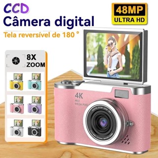 Câmera digital com zoom 4K CCD 8x, adequada para fotografia estudantil, compacta de 48MP, tela flip selfie de 180° em Oferta na Shopee