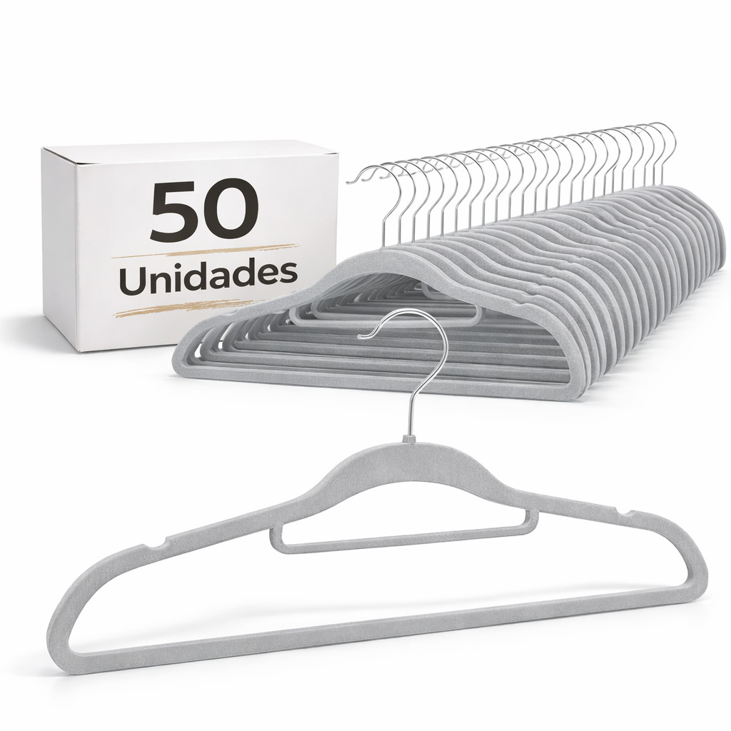 Cabide de Veludo Adulto com Gravateiro 42cm Cinza 50 pecas em Oferta na Shopee