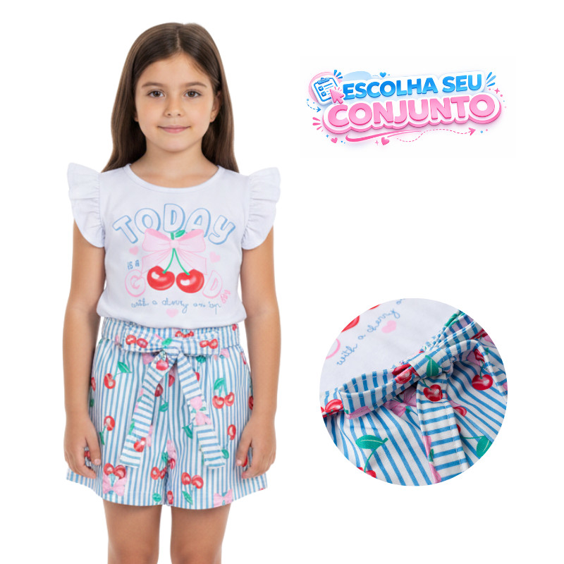 Conjunto Infantil Feminino Menina Verão Estampa Cereja Blusa Com Babado e Short Listrado Com Faixa De Aplique