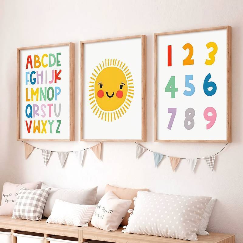 Kit 3 peças Quadros Decorativos  Sol e Alfabeto, Decoração Educativa ABC, Decoração para Berçário, Quarto Decoração