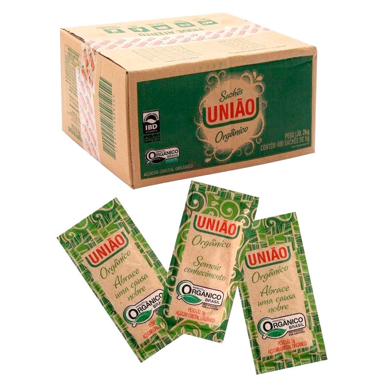Açúcar cristal orgânico em sachê 5g caixa com 400 unidades União