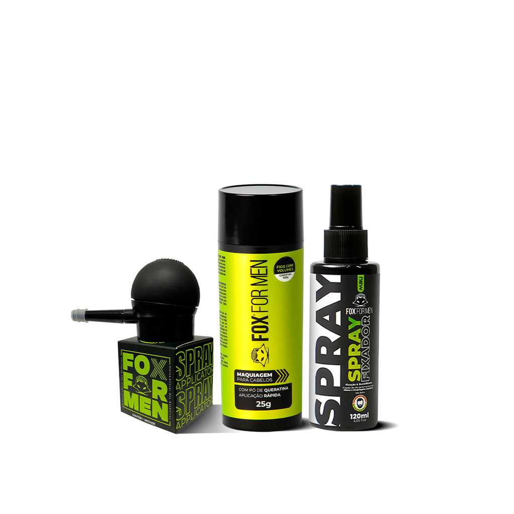 FIBRA CAPILAR PRETA + SPRAY FIXADOR + APLICADOR FOX FOR MEN