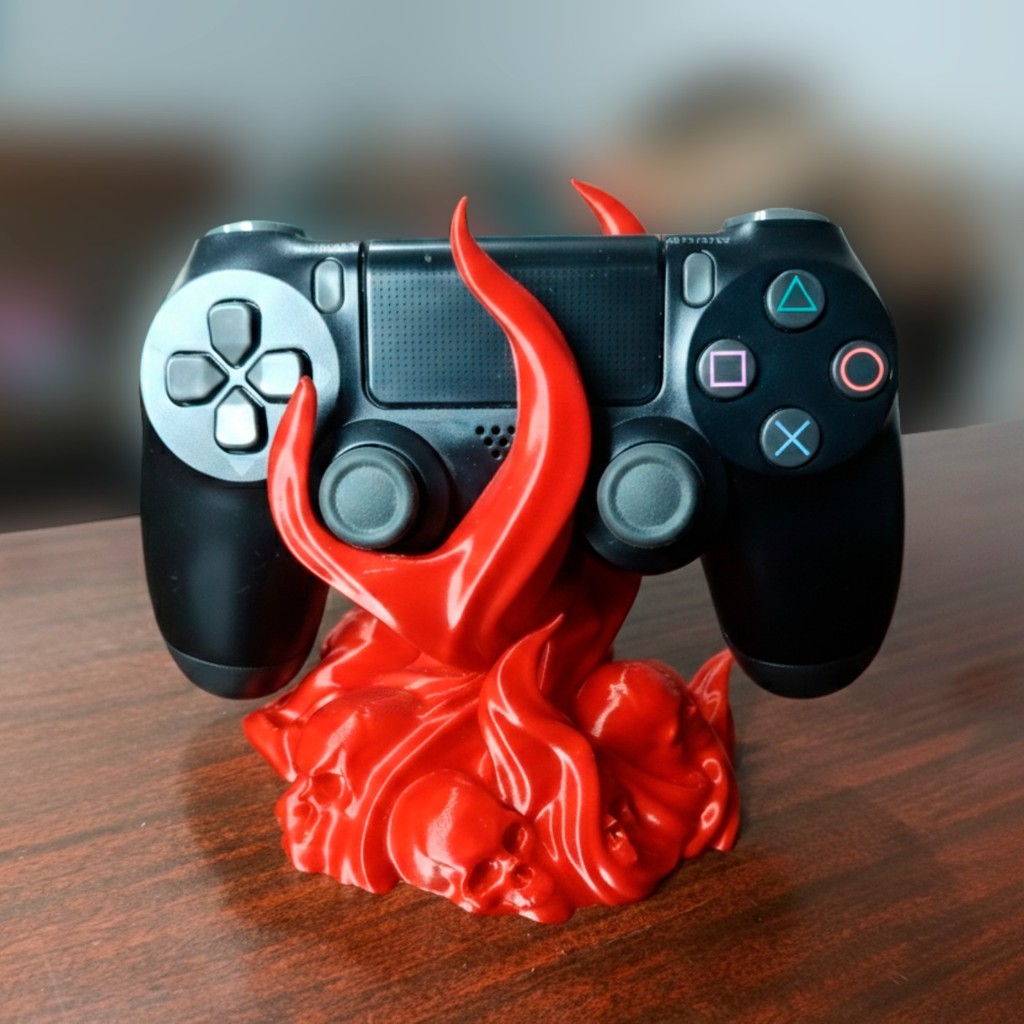 Suporte Controle PS5 PS4 PS3 Caveira Chamas Decorativo Gamer Plástico Vermelho Red Skull