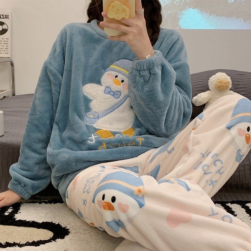 [Envio em 48 Horas] Novo Conjunto de Pijama Feminino de Inverno 2023 em Fleece Coral de Manga Longa/Conjunto de 2 Peças