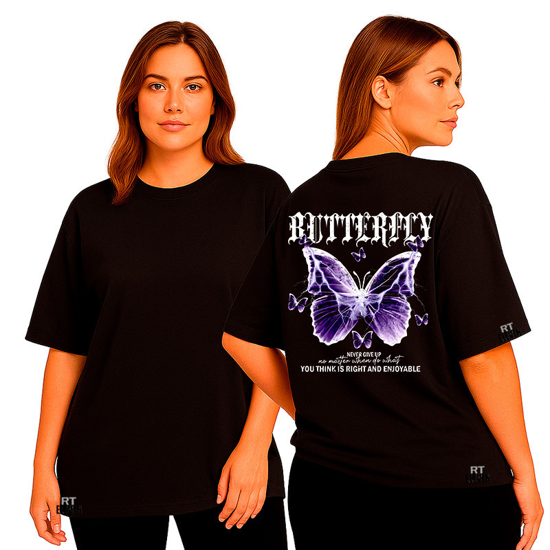 Camiseta Feminina oversized Feminina Borboleta Moda Fitness Treino academia exercícios Malha 100% Algodão Premium