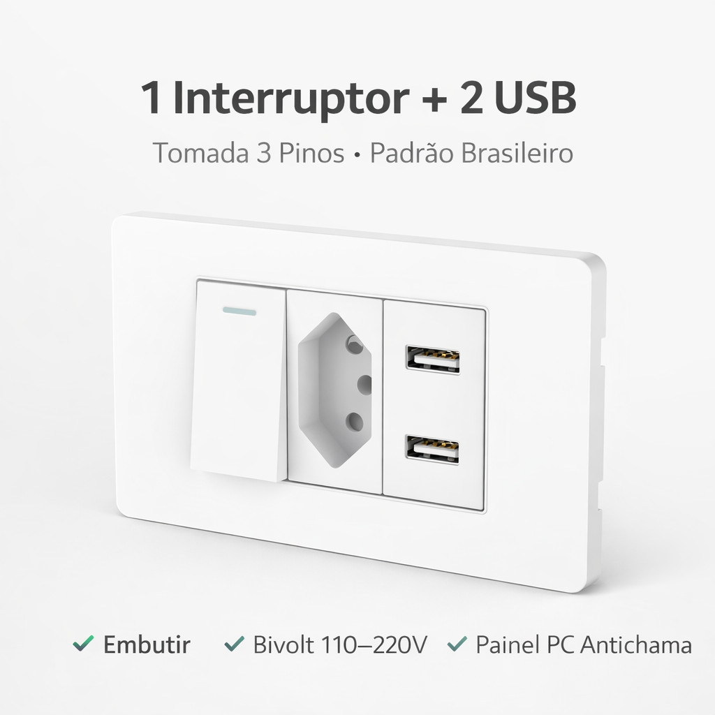 Tomada de Parede 2 USB + Interruptor 3 Pinos Padrão Brasileiro Embutir Bivolt 110V–220V Painel PC Antichama