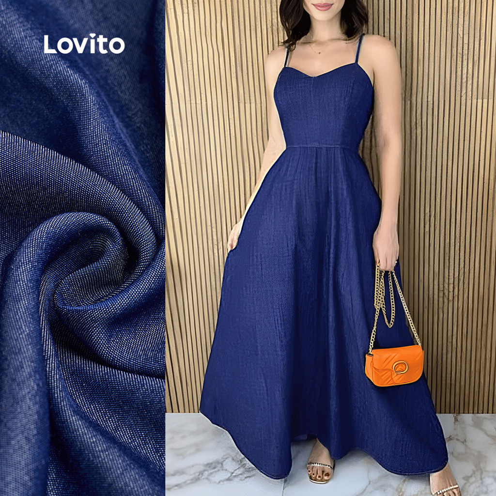 Lovito Vestido Boho Azul Com Zíper Para Férias Na Primavera/verão Para Mulheres LBL29249 em Oferta na Shopee