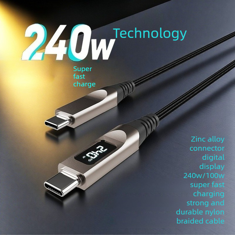 Cabo de dados trançado com Display Digital 240W Carga Super rápida Liga de zinco Type-C para Type-C Interface 1.2m / 2m