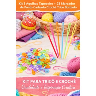 Kit 5 Agulhas Tapeceiro + 25 Marcadores de Ponto Cadeado Crochê Tricô Bordado Costura em Oferta na Shopee