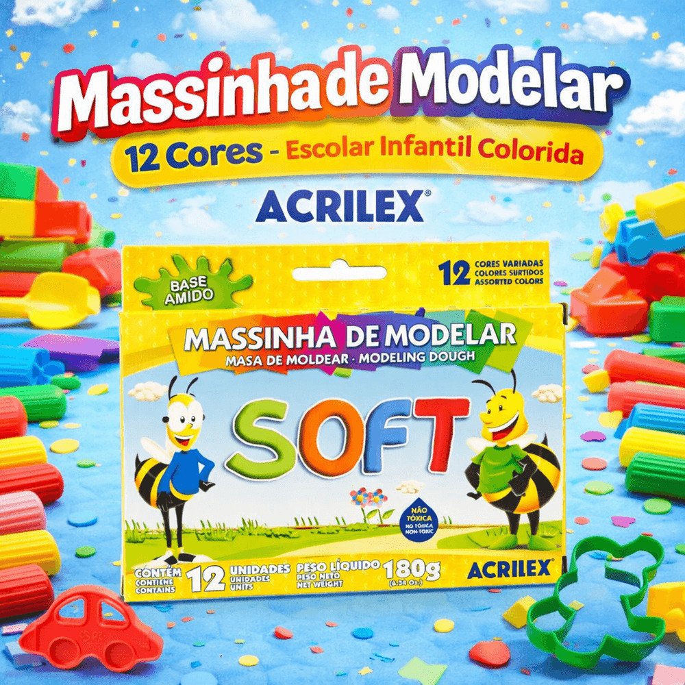 Massinha de Modelar Soft Acrilex 12 Cores 180g Escolar Infantil Colorida Festa Lembrancinha Aniversario Prenda