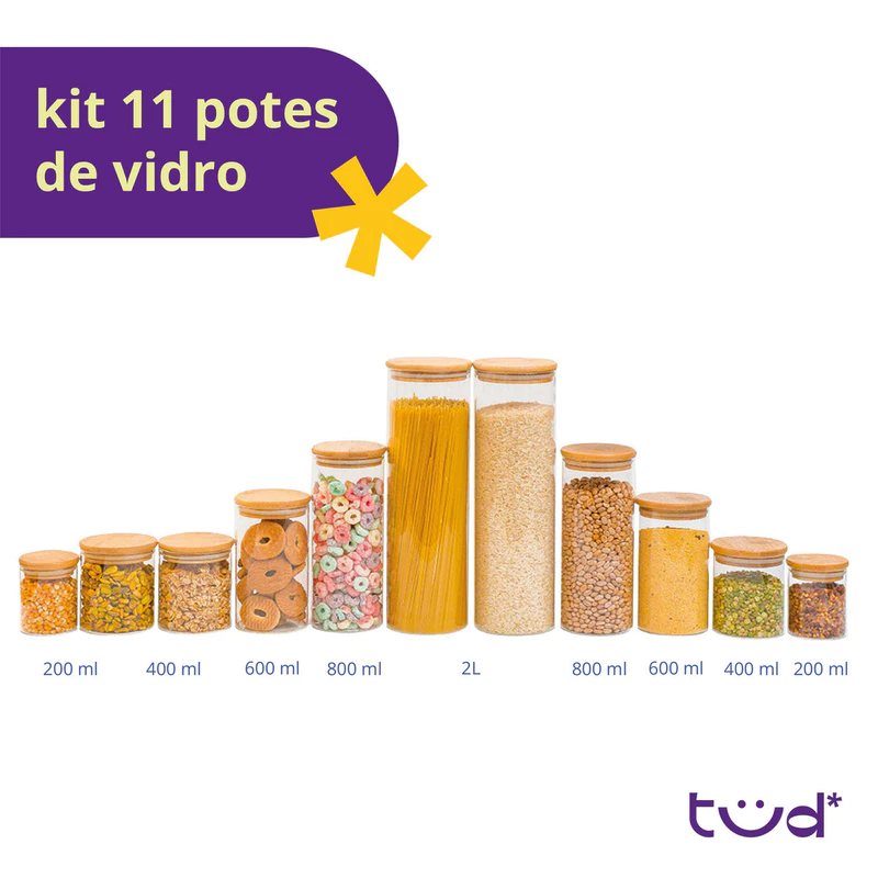 Kit 11 Potes de Vidro Redondos com Tampa de Bambu Hermética Tüd — foto 3