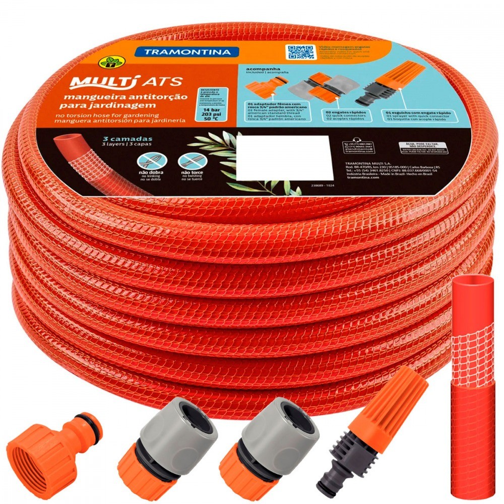 Mangueira para jardim Antitorção 1/2" com engate rápido e esguicho 30 metros - Multi ATS Tramontina