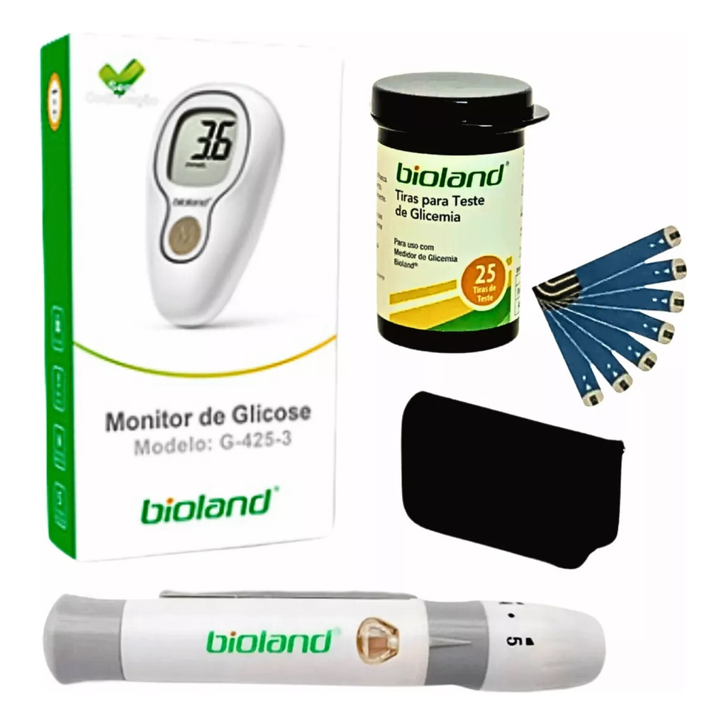 Kit Medidor De Glicose Bioland G-425 + 125 Tiras Branco