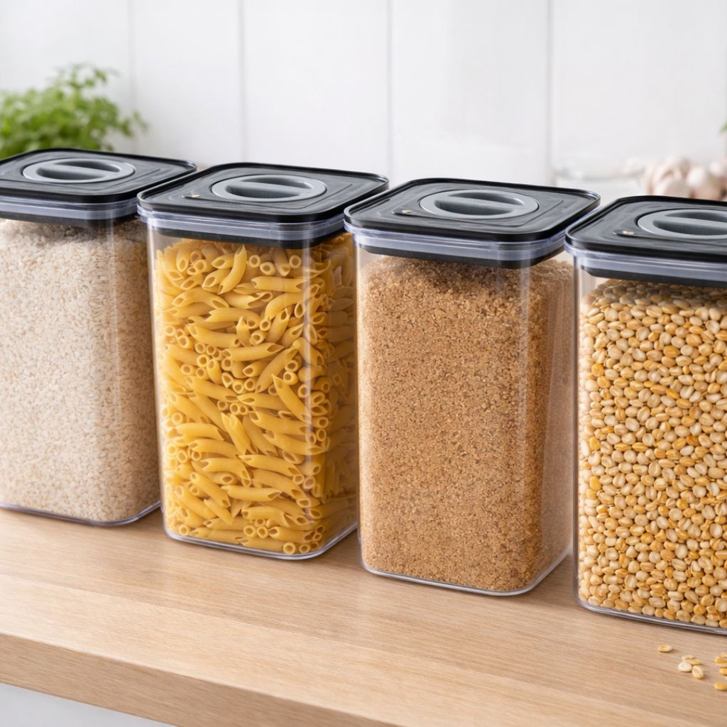 Kit 4 Potes Mantimento Quadrado Hermético 1,3L Tampa Preta Com Trava Giratória Vedação Silicone Empilhável em Acrílico